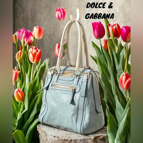 DOLCE & GABBANA LARGE LEATHER TOTE SHOULDER BAG PURSE BLUE - Picture 1 of 6